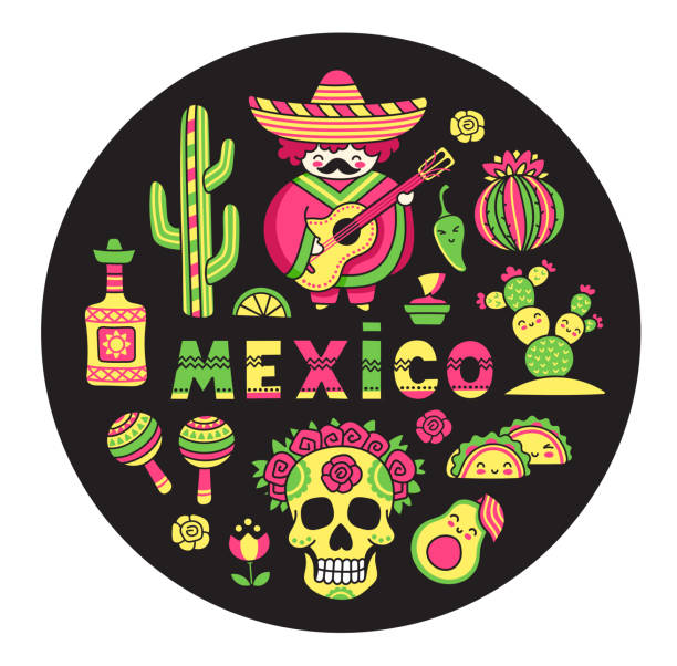 illustrazioni stock, clip art, cartoni animati e icone di tendenza di set di simboli nazionali messicani su sfondo nero in cerchio. - pink pepper illustrations