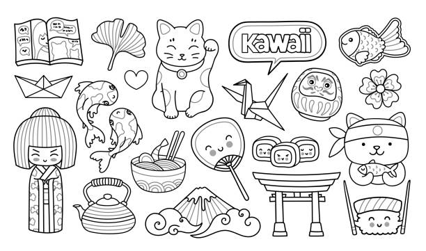 ilustrações, clipart, desenhos animados e ícones de gueixa, maneki-neko, sushi, sakura e origami. - chinese temple dog
