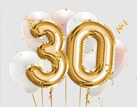 快樂30歲生日金箔氣球問候背景30周年標誌範本 30日慶祝與紙屑 照片檔及更多 30號 照片 - 30號, 氣球, 生日 - iStock