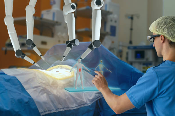 concetto di assistenza sanitaria medica intelligente con ar vr, l'uso della macchina robotica chirurgica consente ai medici di eseguire molti tipi di procedure complesse con più precisione, flessibilità e controllo di quanto sia possibile - chirurgia robotica foto e immagini stock