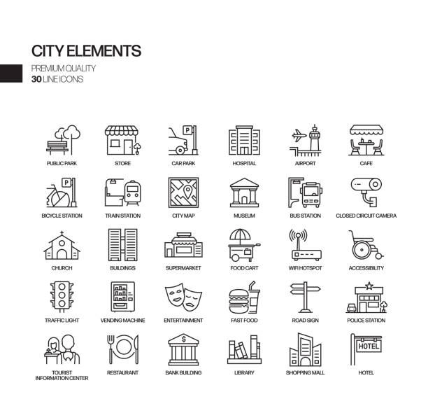 ilustraciones, imágenes clip art, dibujos animados e iconos de stock de conjunto simple de iconos de línea vectorial relacionados con elementos de ciudad. colección de símbolos de esquema. - villa asentamiento humano