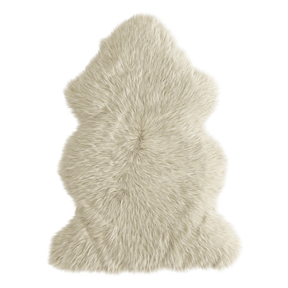 Yellow decor skin of a sheepskin wool rug on white background. 3D rendering