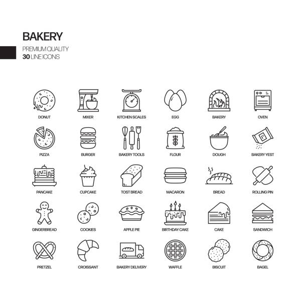 ilustraciones, imágenes clip art, dibujos animados e iconos de stock de conjunto simple de iconos de línea vectorial relacionados con la panadería y la pastelería. colección de símbolos de esquema. - bakers yeast