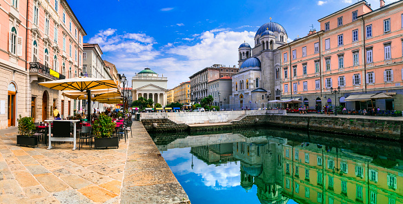 Downtown of Trieste with canals and restaurants,