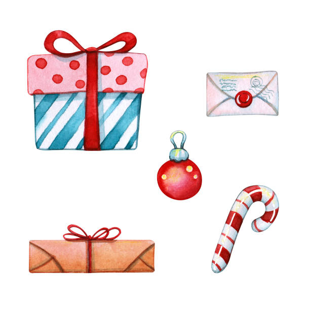 ilustrações de stock, clip art, desenhos animados e ícones de hand drawn watercolor illustration clipart set of gift boxes, letter in envelope with wax stamp, candy cane and red christmas tree decoration ball. presents and winter holidays design elements - gift box packaging drawing illustration and painting