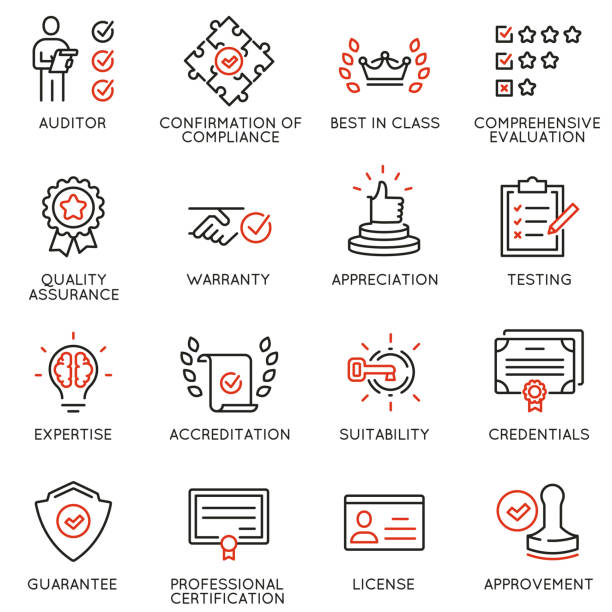 Vector set of linear icons related to approvement, accreditation, quality check and affirmation. Mono line pictograms and infographics design elements Vector set of linear icons related to approvement, accreditation, quality check and affirmation. Mono line pictograms and infographics design elements assertiveness stock illustrations