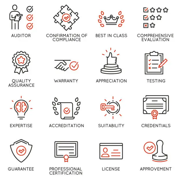 Vector illustration of Vector set of linear icons related to approvement, accreditation, quality check and affirmation. Mono line pictograms and infographics design elements