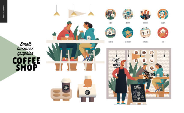 Coffee shop - small business graphics - set Coffee shop -small business illustrations -set -modern flat vector concept illustration of a coffee shop owner in front of cafe, visitors at the table, website icons, coffee take away packs small business illustrations stock illustrations