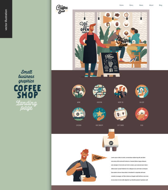 illustrazioni stock, clip art, cartoni animati e icone di tendenza di caffetteria - grafica per piccole imprese - modello di pagina di destinazione - small business business owner facade