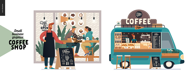 Coffee shop -small business illustrations -facade and food truck -modern flat vector concept illustration of a coffee shop owner in front of the shop, visitors inside, food truck van, pavement sign