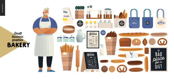 Vector illustration of Bakery - small business graphics - baker, bread and elements