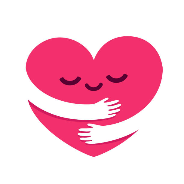 Love yourself heart hug Love yourself, cute cartoon heart character hug. Kawaii heart with hugging arms. Self care and happiness vector illustration. anthropomorphic face illustrations stock illustrations