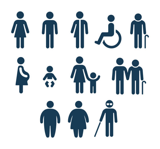 Bathroom and medical people icons People figures icon set. Bathroom gender signs and health conditions symbols. Adults and child care, senior and disabled assistance. Medical or navigation pictograms. gender symbol stock illustrations