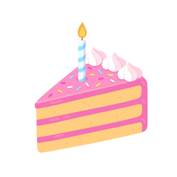 Birthday cake slice with candle Slice of birthday cake with candle, pink frosting and sprinkles. Happy Birthday greeting card design element. Cartoon style isolated vector clip art illustration. birthday cake stock illustrations