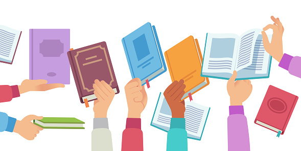 Hands with books. People holding and reading book and magazine, public library literature reader. Academic knowledge vector learning information in opening textbook concept