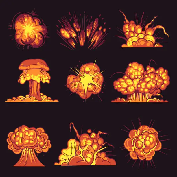 Vector illustration of Cartoon explosions. Bomb explosion, fire bang with smoke effect. Explode dynamite, flash destruction, danger objects comic game vector set