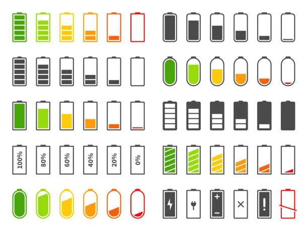 Vector illustration of Battery icons. Charging level batteries charge indicator, alkaline tags rechargeable levels. Full, low and empty battery vector set