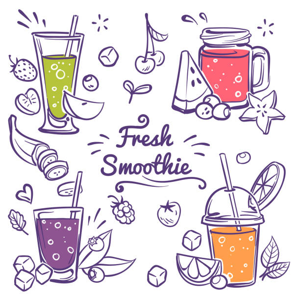 illustrazioni stock, clip art, cartoni animati e icone di tendenza di frullati. detox diet drink in diverse bottiglie, tazza con frutta fresca e bacche fragola, ciliegia e banana frullato schizzo set vettoriale - currant red fruit food