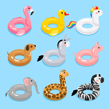 Animals pool float rings. Kids swimming rings with animal heads. Baby water floating duck and flamingo, unicorn and giraffe lifebuoys, children cartoon sea party toys, vector illustration