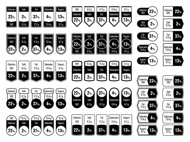 영양 성분 라벨. 칼로리 및 성분 정보, 다이어트 계산 벡터 세트에 대 한 영양 미량 영양소 품질 지표 - nutritional stock illustrations