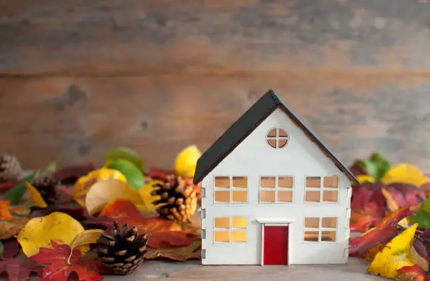 Miniature house surrounded by autumn leaves