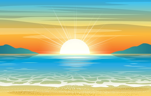 Seascape sunset. Summer ocean abstract illustration with sun dawn and sea water, vacation sunrise background, relaxing tropical beaches horizon vector illustration