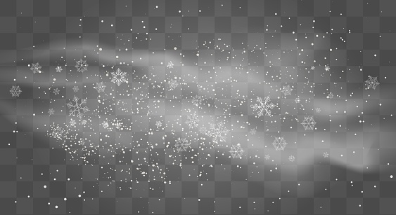 Snow cloud wind. Snowflakes clouds winter blizzard effect isolated on transparent background, cold snowing smoke or frost fog for snowstorm air design, vector illustration