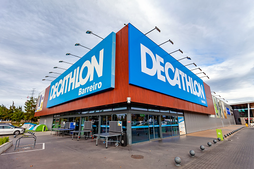 Coina, Portugal - October 23, 2019: Entrance of the Decathlon store in the Barreiro Planet Retail Park. Decathlon is a French company and the largest sporting goods retailer in the world
