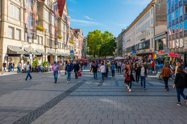 Munich, Germany - October 12, 2019: Many tourists on pedestrian zone in the city center of Munich.