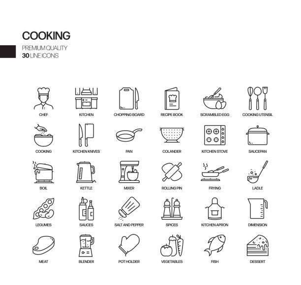 ilustrações, clipart, desenhos animados e ícones de jogo simples de ícones relacionados da linha do vetor do cozimento. coleção de símbolos de esboço. - chef cooking food gourmet