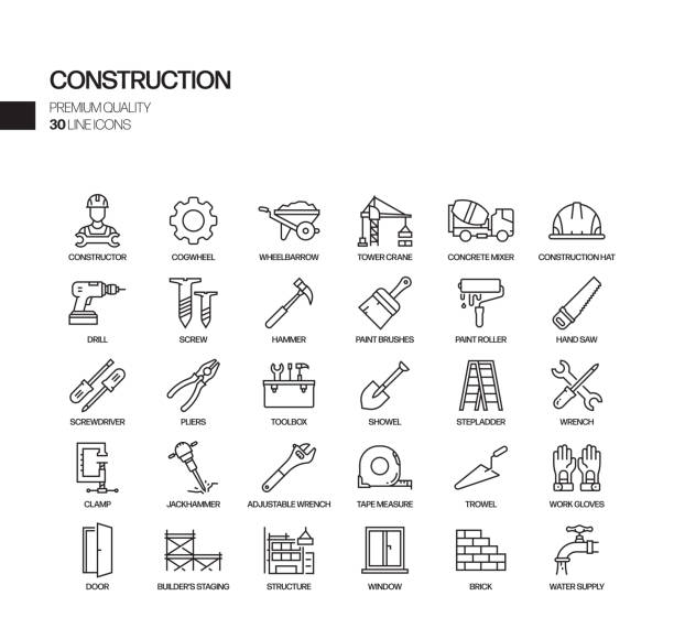 ilustraciones, imágenes clip art, dibujos animados e iconos de stock de conjunto simple de iconos de línea vectorial relacionados con la construcción. colección de símbolos de esquema. - tools for construction