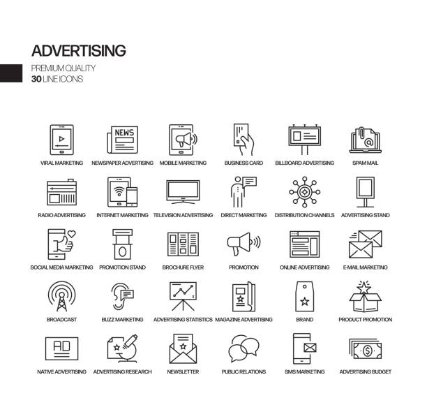 광고 및 프로모션 관련 벡터 라인 아이콘의 간단한 집합입니다. 윤곽선 기호 컬렉션입니다. - branding internet development the media stock illustrations
