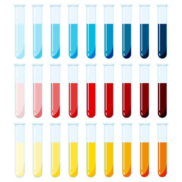 vektorsatz von glasreagenzgläsern mit roten, blauen, gelben flüssigen reagenzien - testlösungskonzentration isoliert auf weißem hintergrund. - reagenzgläser bunt stock-grafiken, -clipart, -cartoons und -symbole
