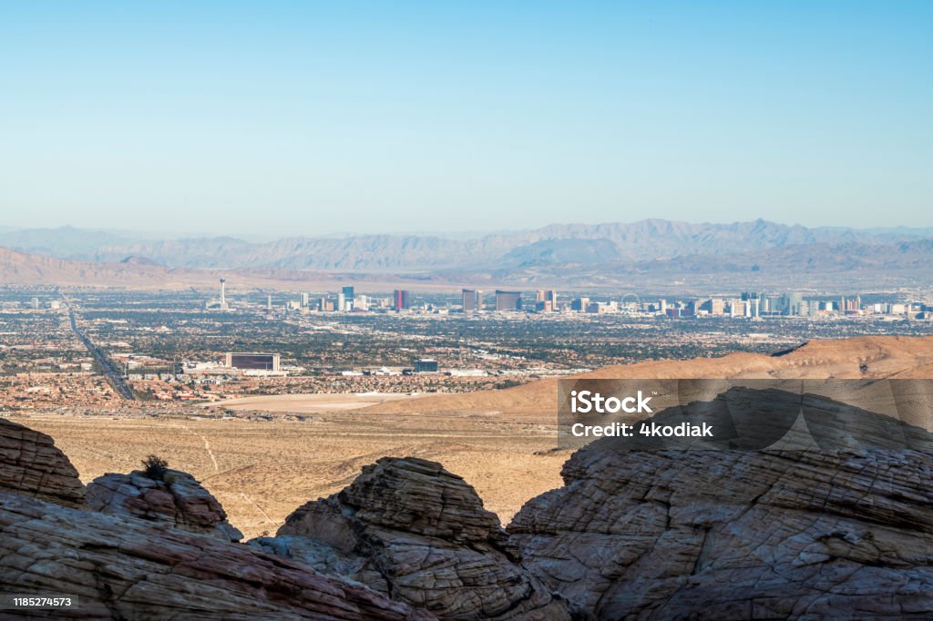Las Vegas skyline looking from Red Rock Canyon Las Vegas skyline  and valley looking from Red Rock Canyon 2019 Stock Photo