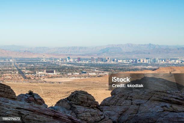 Las Vegas Skyline Looking From Red Rock Canyon Stock Photo - Download Image Now - 2019, Beauty In Nature, Canyon