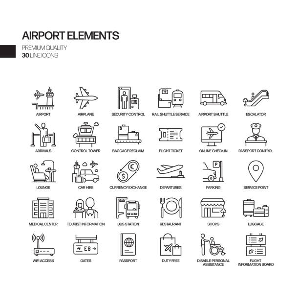 Simple Set of Airport Elements Related Vector Line Icons. Outline Symbol Collection. Simple Set of Airport Elements Related Vector Line Icons. Outline Symbol Collection. airport icons stock illustrations