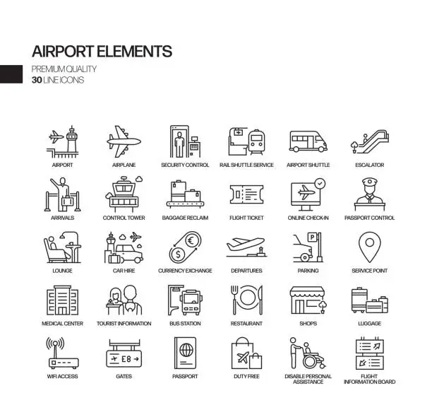 Vector illustration of Simple Set of Airport Elements Related Vector Line Icons. Outline Symbol Collection.