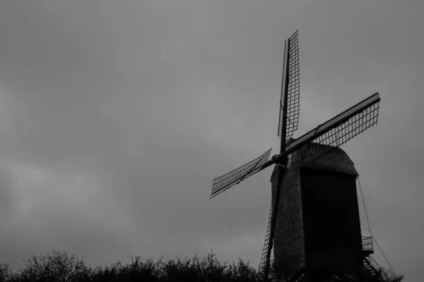 Monochrome Windmill in Woulwe Saint Lambert in Brussels Belgium. Shoot in October 2019