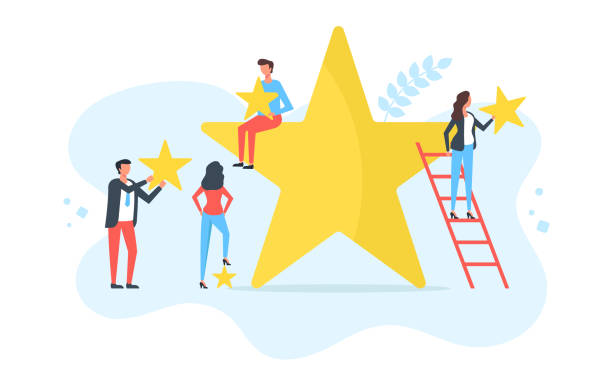 Customer satisfaction, client choice, rate app, rating stars, feedback concepts. People holding yellow stars. Modern flat design. Vector illustration Customer satisfaction, client choice, rate app, rating stars, feedback concepts. People holding yellow stars. Modern flat design. Vector illustration first place illustrations stock illustrations