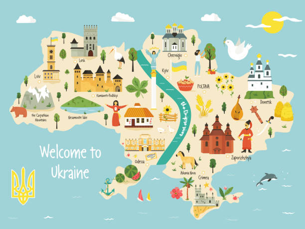 Bright map of Ukraine with landscape, symbols,food buildings, cities, characters. Vector design with tourist attractions. For travel guides, posters, leaflets. Bright map of Ukraine with landscape, symbols,food buildings, cities, characters. Vector design with tourist attractions. For travel guides, posters, leaflets. kyiv stock illustrations