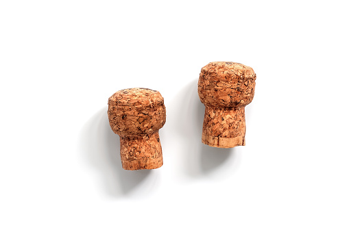 Champagne cork on a white background, isolated. Top view, flat lay