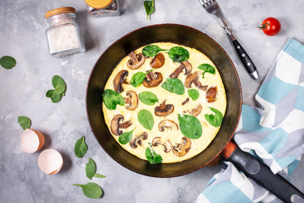 istock Omelette with mushrooms and spinach in iron pan on concrete background. 1185281987