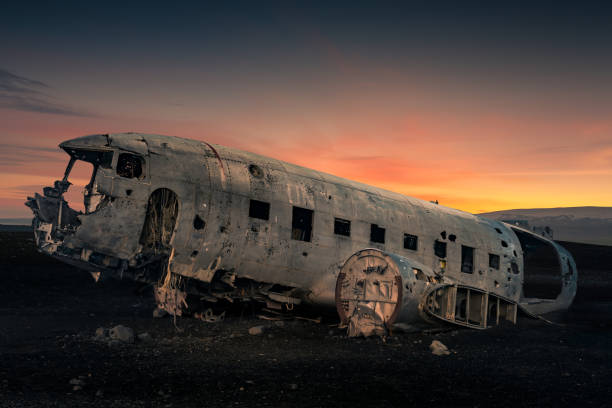 istock Airplane wreck in black sand beach in Iceland. 1185282007