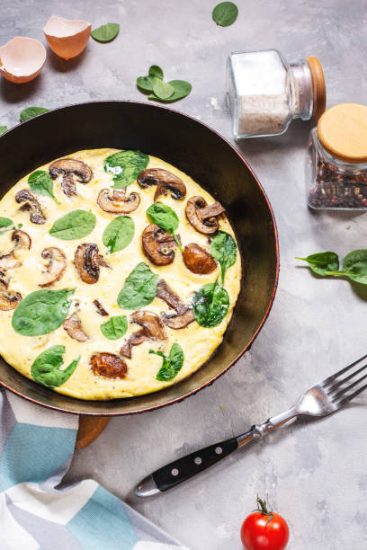 istock Omelette with mushrooms and spinach in pan on concrete background. 1185282951