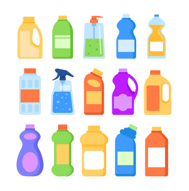 Detergent cleaner bottles isolated icon set. Vector flat graphic design illustration Detergent cleaner bottles isolated icon set. Vector flat graphic design laundry detergent stock illustrations