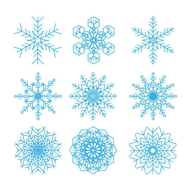 Set of vector snowflakes on white background Set of vector snowflakes on white background. Snowflake texture for decoration. Geometric snow symbol in thin line. Elements for Christmas banners, leaflets, invitations, greeting cards for web design rime ice stock illustrations