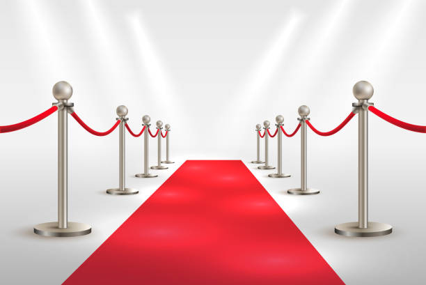 istock Red carpet and silver barriers realistic vector. VIP event, luxury celebration. Celebrity party entrance. Grand opening cinema premiere. Shiny fencing vector illustration. Isolated on white background 1185286005