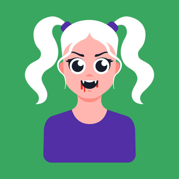 young blond vampire girl with blood on her lips young blond vampire girl with blood on her lips and fangs. Flat character vector illustration. Pigtails stock illustrations