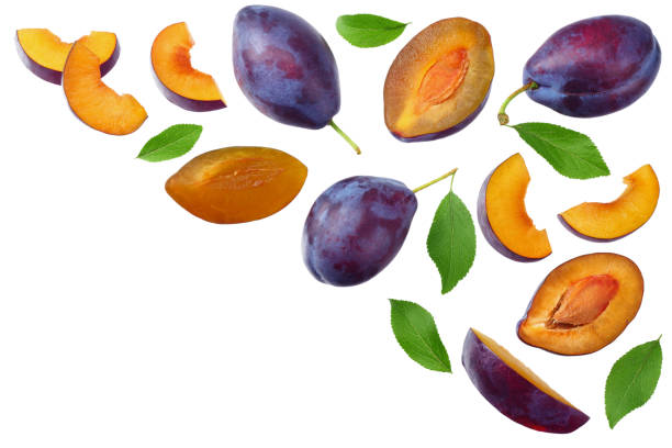 istock fresh plum fruit with green leaf and cut plum slices isolated on white background. top view 1185287720