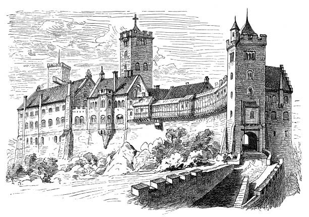 вартбургский замок германия построила 12 век - built structure germany history 19th century style stock illustrations